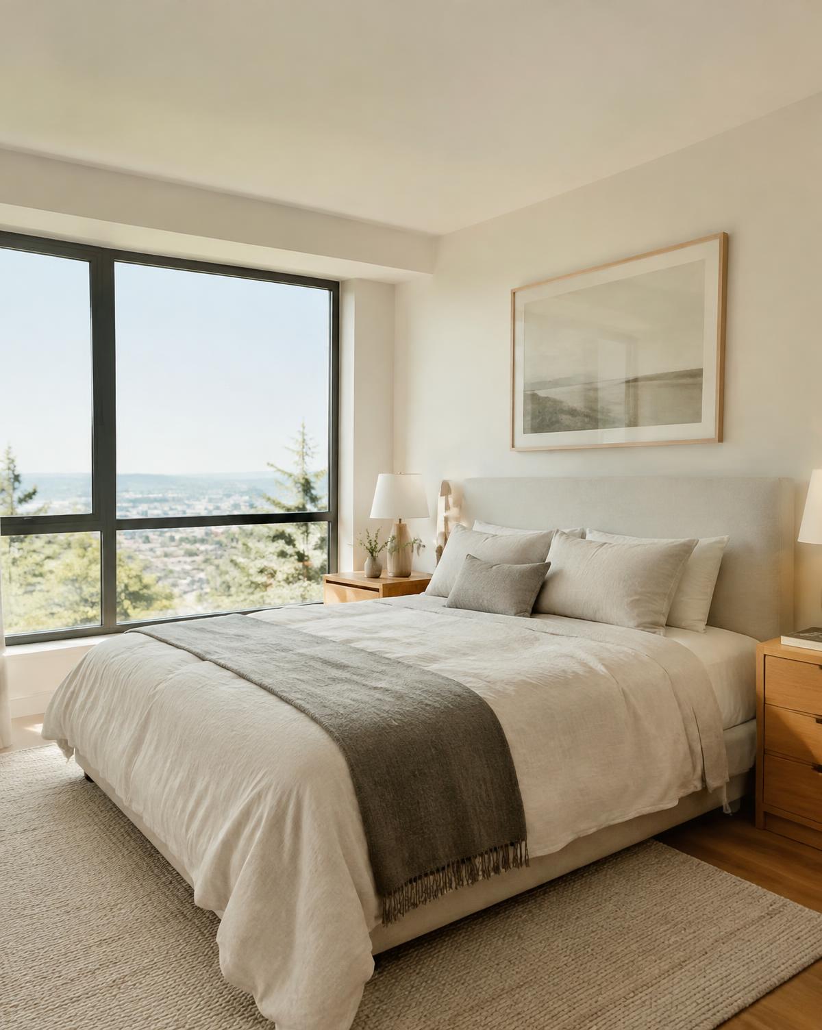 Calm bedroom with a large window view