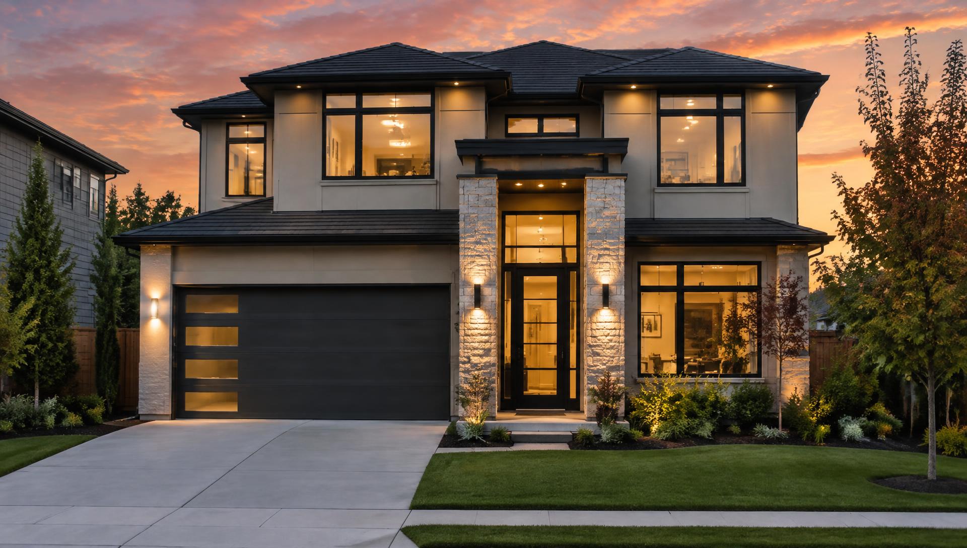 Contemporary home exterior at dusk